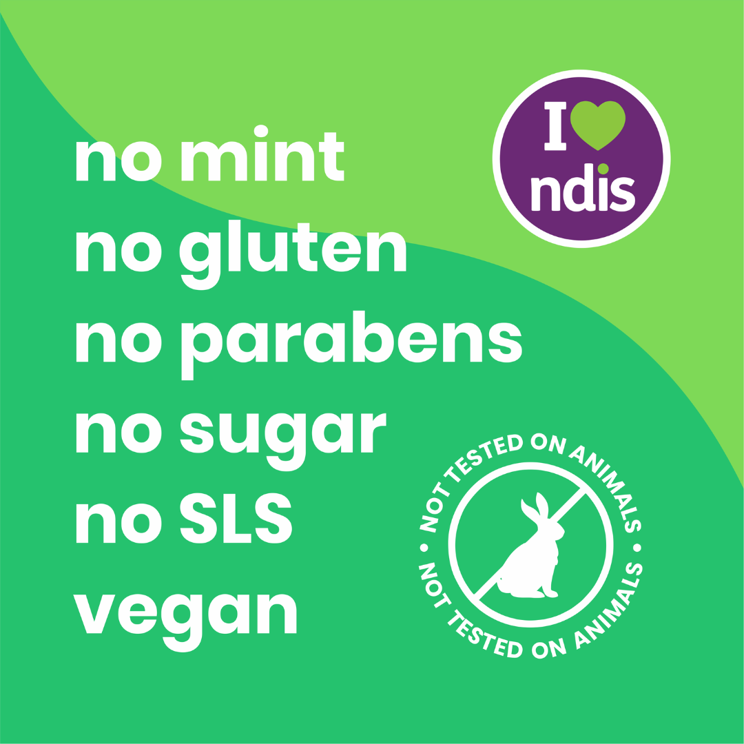 picture showing all the benefits of the toothpaste no mint no gluten no parabens no sugar no SLS vegan friendly not tested on animals supports NDIS